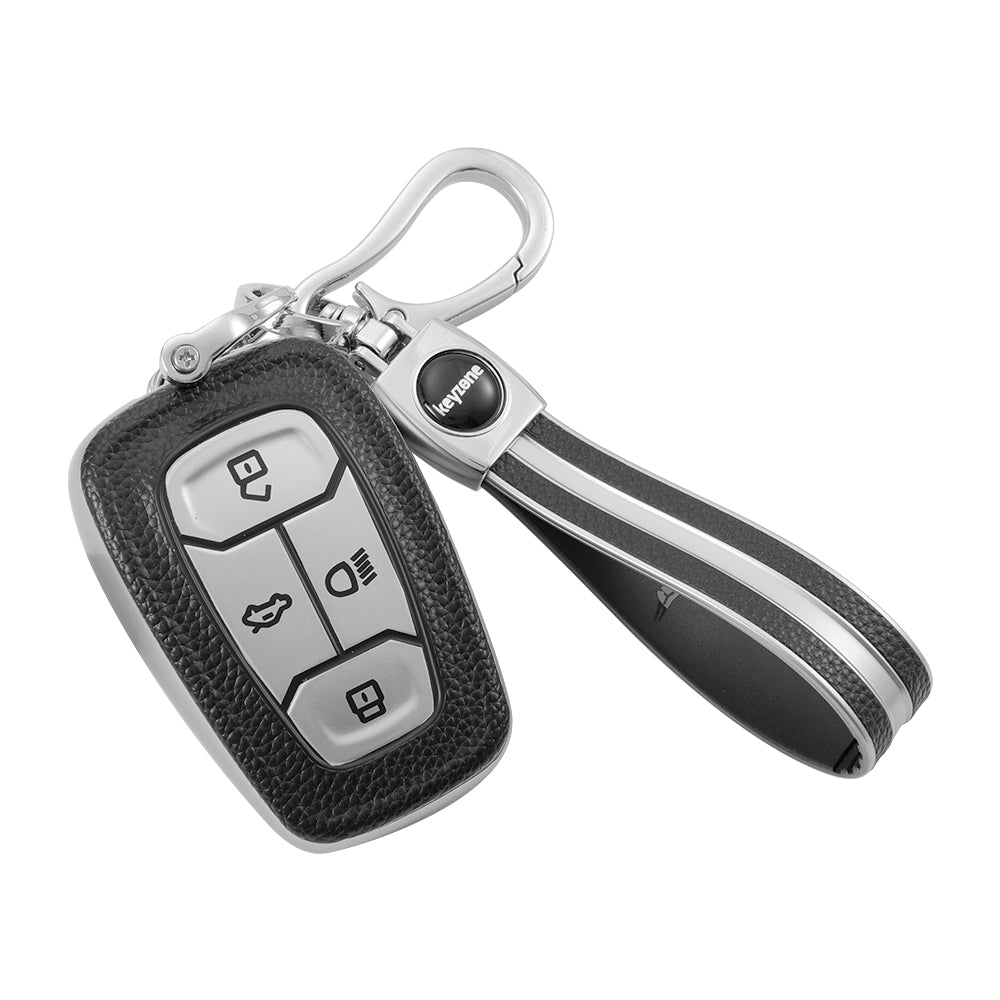 Keyzone Leather TPU Key Cover and Keychain Compatible for Tata Nexon Harrier Altroz Punch Safari Tigor Smart Key (LTPU08_LTPUKeychain)