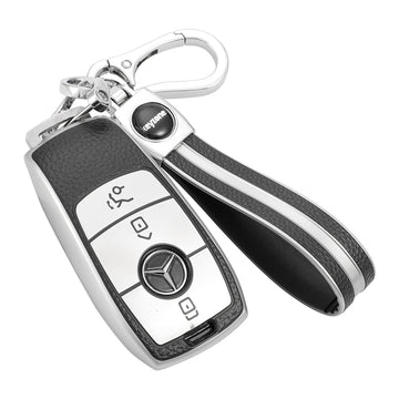 Keyzone® Leather TPU Car Key Cover and Keychain Compatible for Mercedes Benz E-Class S-Class A-Class C-Class G-Class 2020 Onwards New Smart Key (LTPU70_LTPUKeychain) - Keyzone