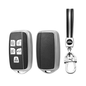 Keyzone Leather TPU Key Cover and Keychain Compatible for Jaguar / Range Rover Evoque Velar Discovery LR4 Land Rover Sport XF XJ XE F-PACE F-Type 5 Button Smart Key (LTPU72_LTPUKeychain) - Keyzone