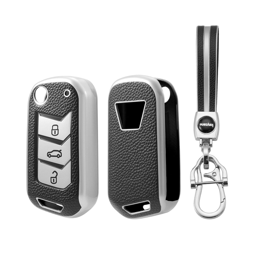 Keyzone Leather TPU Key Cover and keychain compatible for Thar, Scorpio, Bolero. XUV700, XUV400, XUV300, TUV300, Marazzo 3 button flip key (LTPU09_LTPUKeychain) - Keyzone