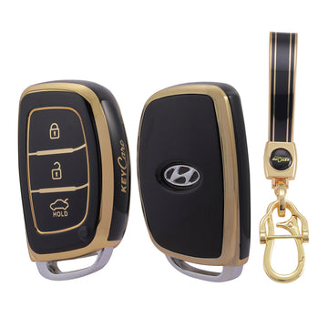 Keycare TPU Key Cover and Keychain For Hyundai : Exter, Creta, Elite i20, Active i20, Aura, Xcent, Tucson, Elantra 3 Button Smart Key (TP07)