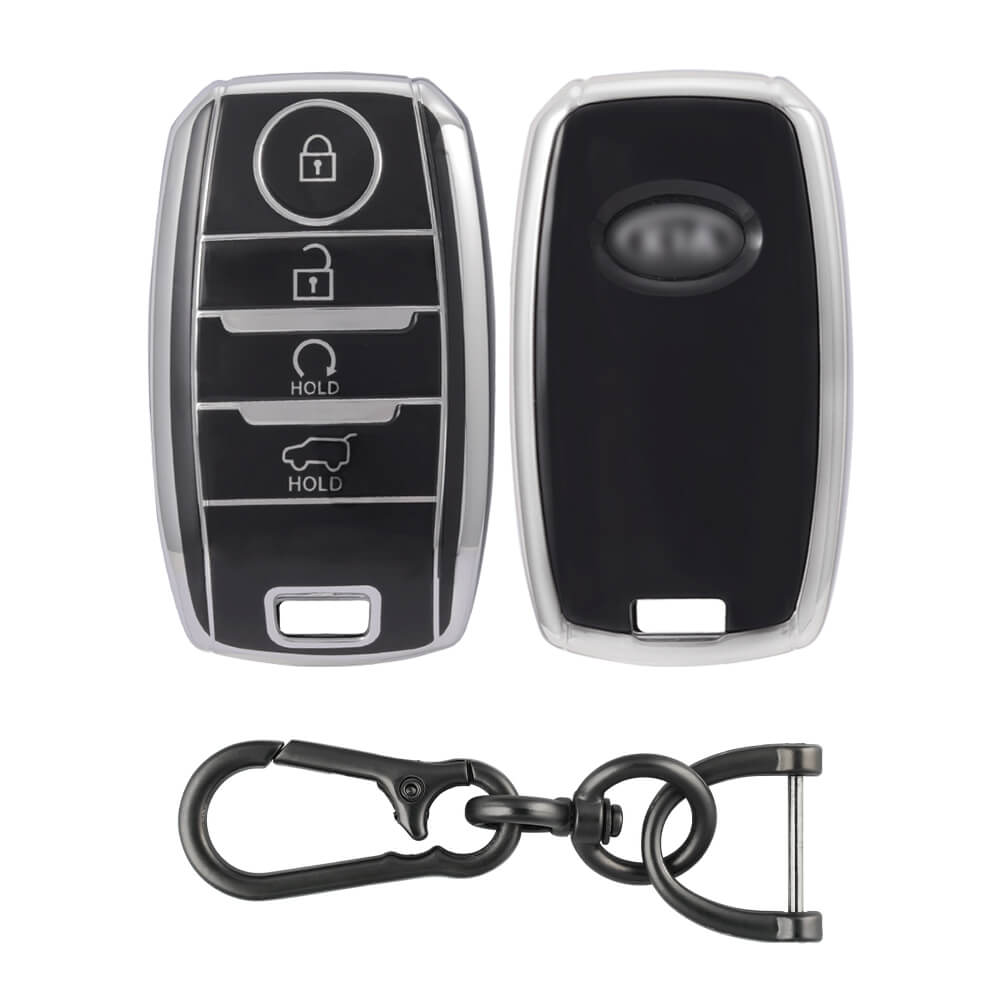 Keyzone TPU Key Cover and Keychain For Kia : Sonet, Seltos 2020, Carens, Sonet X-line 4 Button Smart Key (KZTP61_Zinc_Alloy) - Keyzone