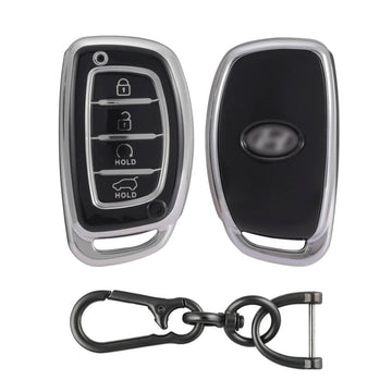 Keyzone TPU Key Cover and Keychain For Hyundai : Alcazar, Creta 2021 4 Button Smart Key (KZTP67_Zinc_Alloy) - Keyzone