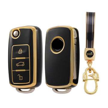 Keyzone TPU Key Cover and Keychain For Volkswagen : Polo, Vento, Jetta, Ameo 3 Button Flip Key (TP13) - Keyzone