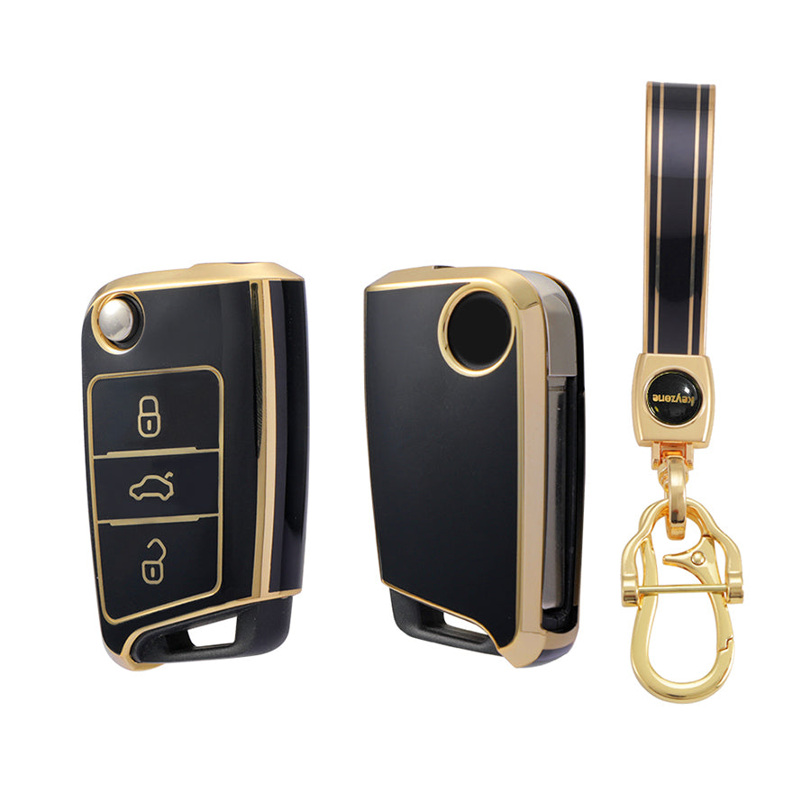 Keyzone TPU Key Cover and Keychain For Volkswagen : Virtus, Tiguan, T-Roc, Taigun, New Jetta 3 Button Flip Key (TP44) - Keyzone